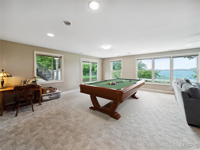 1171 Thunder Mountain Rd, Camdenton, MO 65020 - playroom featuring carpet floors, recessed lighting, pool table, and a water view