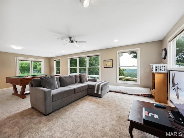 1171 Thunder Mountain Rd, Camdenton, MO 65020 - living room with carpet floors, billiards table, a ceiling fan, and recessed lighting