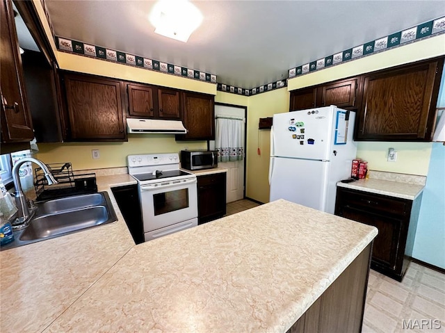 410 N Cleveland St, Fillmore, IL 62032 - kitchen featuring white appliances, range hood, dark brown cabinets, and light countertops