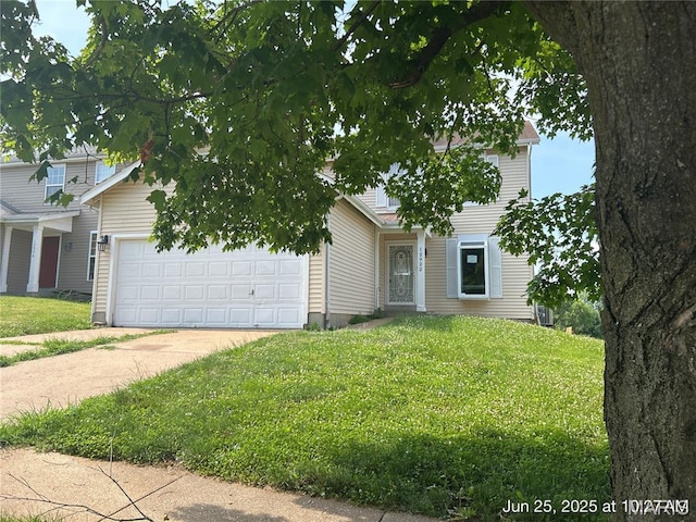 12922 High Crest St, Black Jack, MO 63033 - obstructed view of property featuring a garage, concrete driveway, and a front lawn