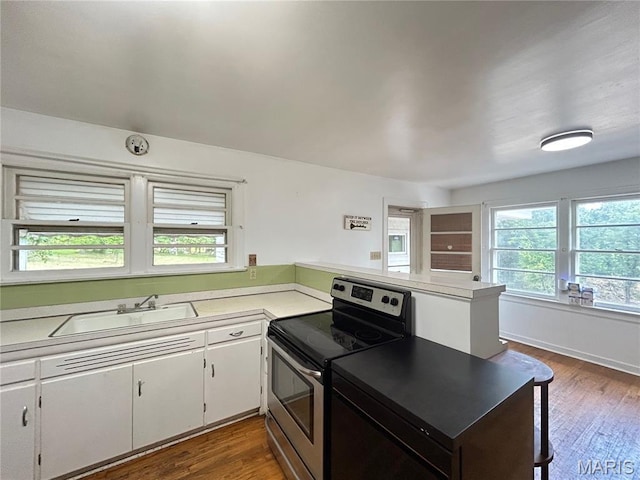 1203 N Main St, Salem, MO 65560 - kitchen featuring stainless steel range with electric stovetop, a peninsula, plenty of natural light, and dark wood-type flooring