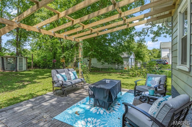 110 Brand Pl, Bonne Terre, MO 63628 - wooden terrace with an outdoor living space, a fenced backyard, a shed, a grill, and a pergola