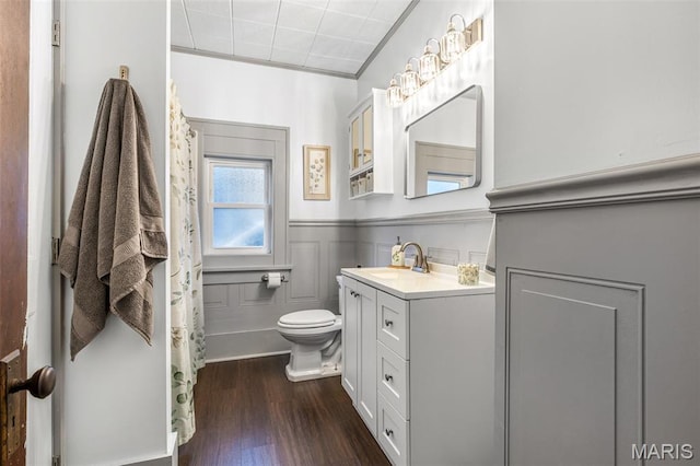 110 Brand Pl, Bonne Terre, MO 63628 - full bathroom featuring wainscoting, wood finished floors, vanity, and curtained shower