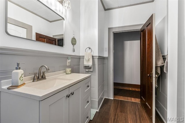 110 Brand Pl, Bonne Terre, MO 63628 - bathroom featuring wood finished floors, vanity, wainscoting, and a decorative wall