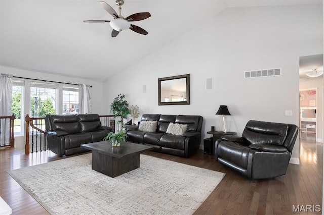 437 Marbleton Cir, Ofallon, IL 62269 - living room featuring high vaulted ceiling, a ceiling fan, and dark wood-style flooring