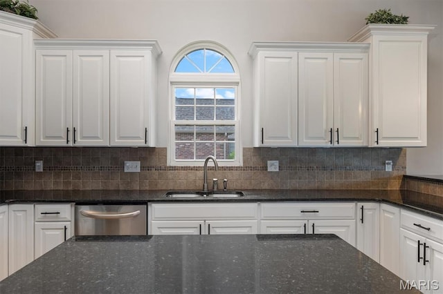 437 Marbleton Cir, Ofallon, IL 62269 - kitchen with dishwasher, white cabinetry, dark stone counters, and tasteful backsplash