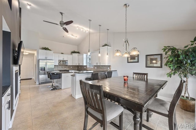 437 Marbleton Cir, Ofallon, IL 62269 - dining room with a chandelier, ceiling fan, light tile patterned flooring, and high vaulted ceiling