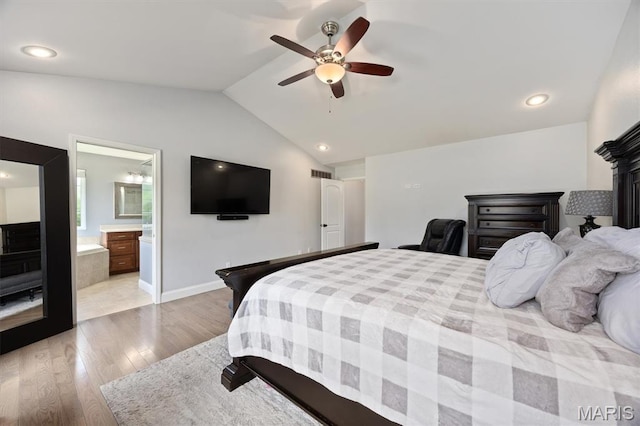 437 Marbleton Cir, Ofallon, IL 62269 - bedroom with vaulted ceiling, light wood-style floors, ceiling fan, and ensuite bathroom