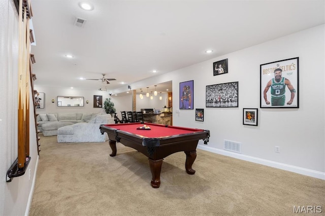 437 Marbleton Cir, Ofallon, IL 62269 - rec room featuring recessed lighting, carpet, billiards, and a ceiling fan