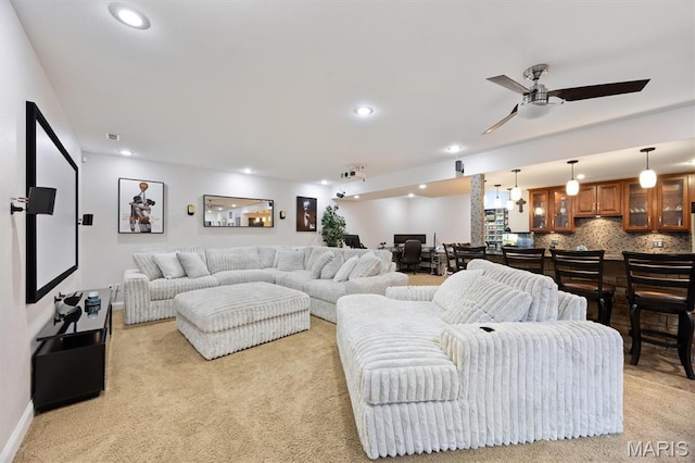 437 Marbleton Cir, Ofallon, IL 62269 - living room featuring light colored carpet, recessed lighting, and ceiling fan