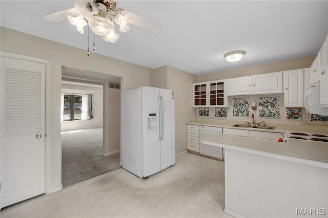 2417 Charente Dr, Maryland Heights, MO 63043 - kitchen with white appliances, a ceiling fan, light countertops, white cabinetry, and light flooring