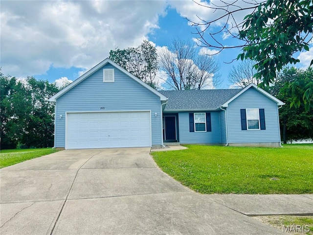 2401 Mountain Range Ct, Pacific, MO 63069 - ranch-style home featuring a front yard, driveway, a garage, and roof with shingles