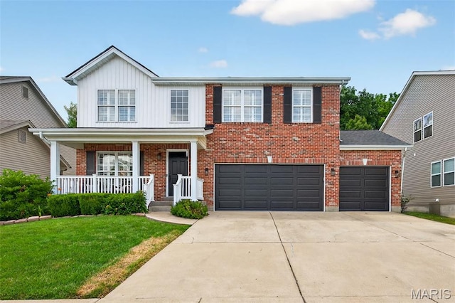 2426 Guardian Ct, Arnold, MO 63010 - traditional-style house featuring driveway, a porch, a front lawn, brick siding, and board and batten siding