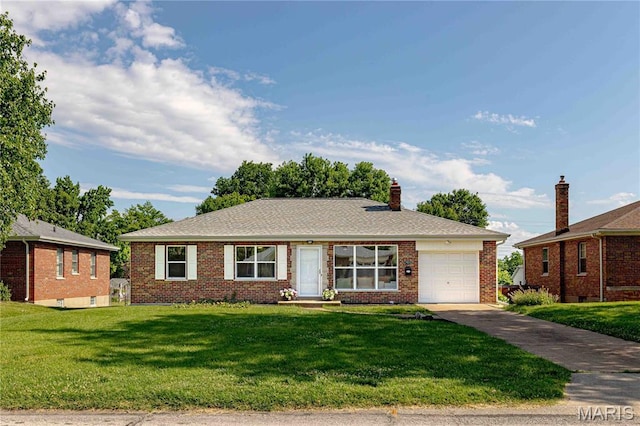 7315 Cheshire Ln, Affton, MO 63123 - ranch-style home featuring a garage, driveway, a front lawn, and brick siding