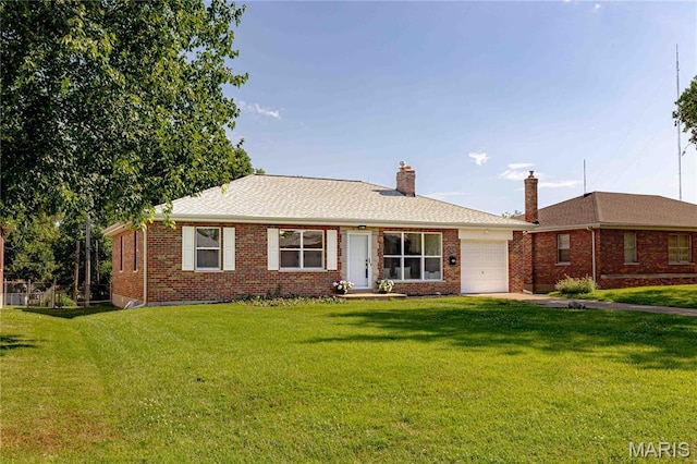 7315 Cheshire Ln, Affton, MO 63123 - ranch-style house with an attached garage, a front lawn, brick siding, and a chimney