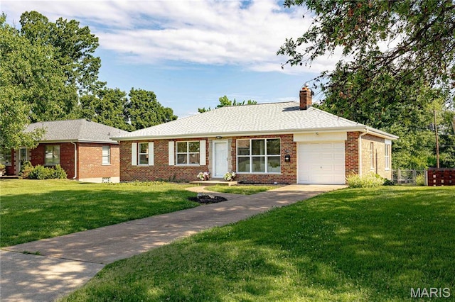 7315 Cheshire Ln, Affton, MO 63123 - ranch-style house featuring a front yard, brick siding, a garage, a chimney, and driveway