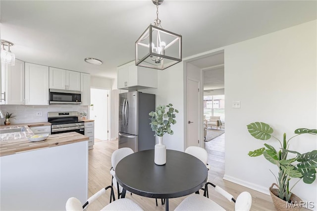 7315 Cheshire Ln, Affton, MO 63123 - kitchen with appliances with stainless steel finishes, wood counters, white cabinetry, decorative backsplash, and light wood-type flooring