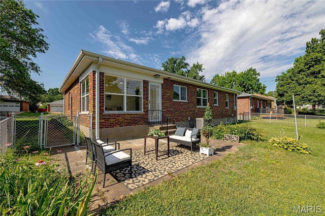 7315 Cheshire Ln, Affton, MO 63123 - back of house with brick siding, an outdoor living space, a gate, and a patio area