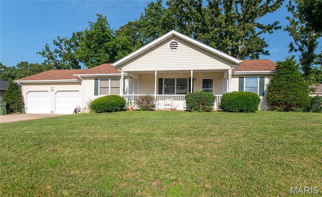 921 Mallard Sq, Rolla, MO 65401 - ranch-style home with a garage, a porch, a front lawn, driveway, and roof with shingles