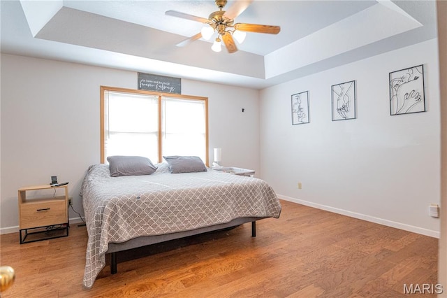 921 Mallard Sq, Rolla, MO 65401 - bedroom featuring a tray ceiling, light wood-style flooring, and ceiling fan