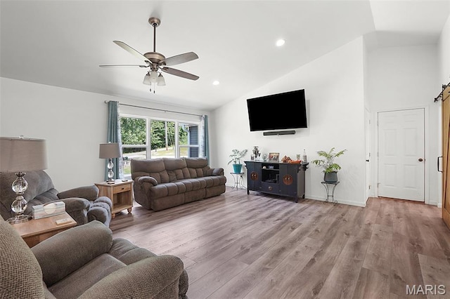 8224 Wild Acre Meadows Dr, Hillsboro, MO 63050 - living room featuring lofted ceiling, a ceiling fan, wood finished floors, and recessed lighting