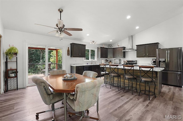 8224 Wild Acre Meadows Dr, Hillsboro, MO 63050 - dining space with a ceiling fan, light wood finished floors, lofted ceiling, and recessed lighting