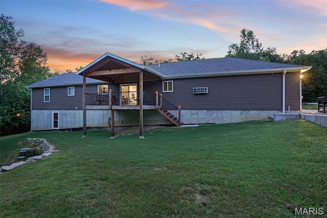8224 Wild Acre Meadows Dr, Hillsboro, MO 63050 - back of house with a lawn, a wooden deck, stairs, and a wall unit AC