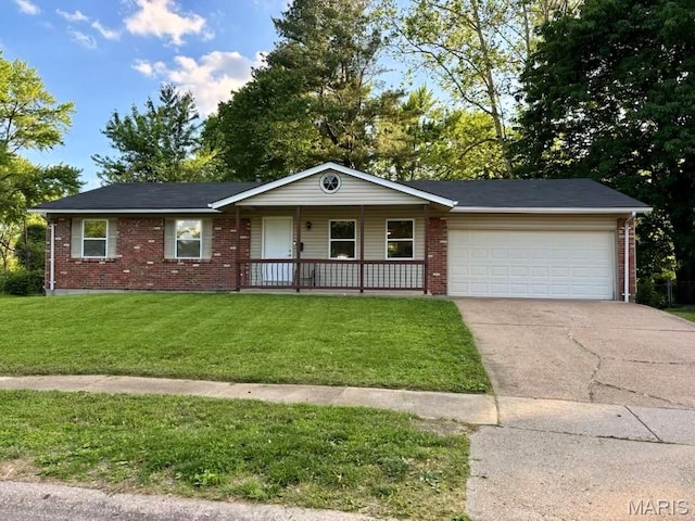 2315 Bramble Ln, Florissant, MO 63033 - ranch-style house with a porch, an attached garage, brick siding, a front lawn, and concrete driveway