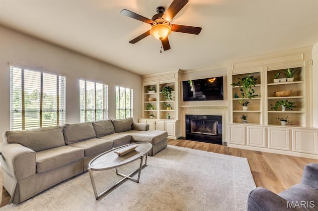 3026 Windsor Point Dr, Saint Louis, MO 63129 - living area with a ceiling fan, light wood-style floors, and a glass covered fireplace