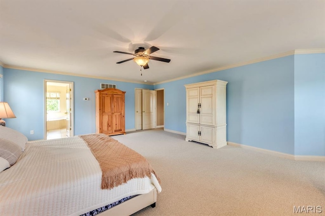 3026 Windsor Point Dr, Saint Louis, MO 63129 - bedroom with light colored carpet, ornamental molding, a ceiling fan, and connected bathroom