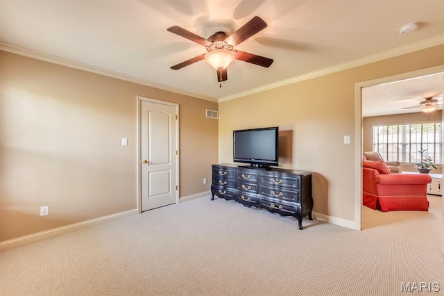 3026 Windsor Point Dr, Saint Louis, MO 63129 - carpeted living room with ceiling fan and ornamental molding