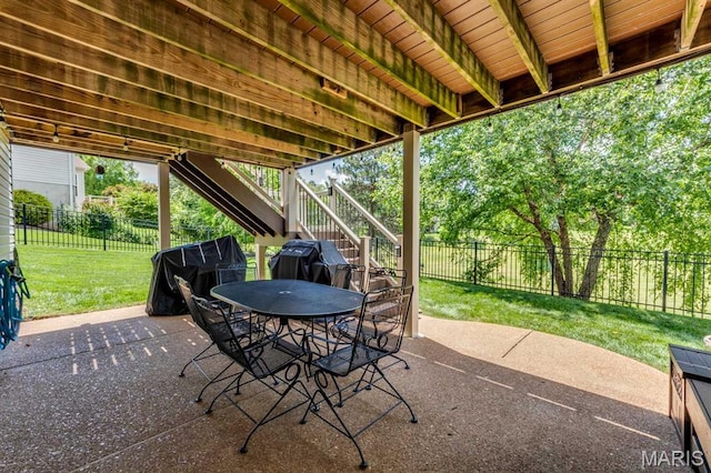 3026 Windsor Point Dr, Saint Louis, MO 63129 - fenced backyard featuring stairs, a patio area, outdoor dining area, and area for grilling