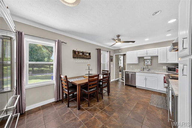 11365 Inverness Ln, Maryland Heights, MO 63043 - dining space with a ceiling fan, crown molding, recessed lighting, dark stone finish flooring, and a textured ceiling