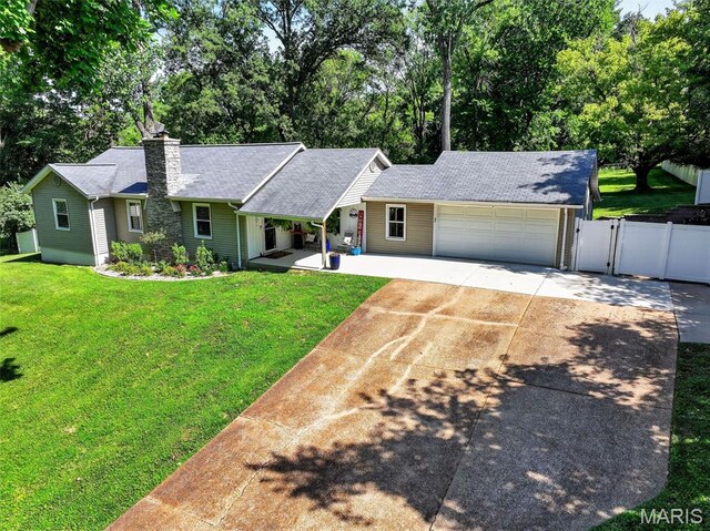 11365 Inverness Ln, Maryland Heights, MO 63043 - ranch-style home featuring driveway, an attached garage, a gate, a chimney, and roof with shingles