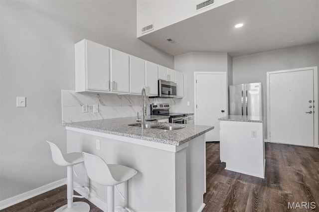200 S Kirkwood Rd Unit 317, Kirkwood, MO 63122 - kitchen featuring appliances with stainless steel finishes, a peninsula, dark wood finished floors, and white cabinetry