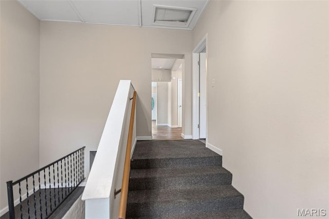 208 Washington Ave, East Alton, IL 62024 - stairway with baseboards and attic access