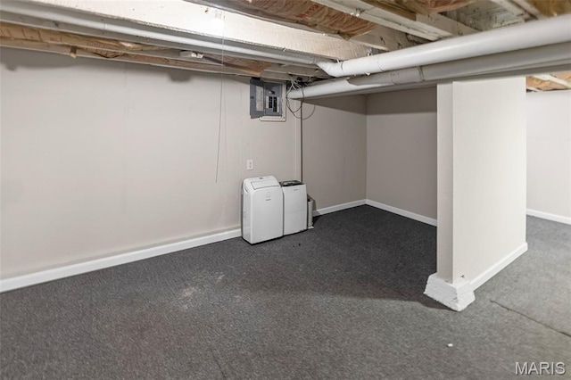 208 Washington Ave, East Alton, IL 62024 - finished below grade area with electric panel and carpet flooring