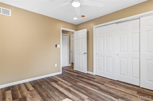 600 Allen Place, De Soto, MO 63020 - unfurnished bedroom with recessed lighting, dark wood-style flooring, a closet, and ceiling fan