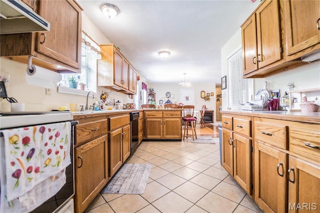 5707 Cedar Rdg, Poplar Bluff, MO 63901 - kitchen featuring white range with electric stovetop, under cabinet range hood, a peninsula, brown cabinets, and light tile patterned flooring