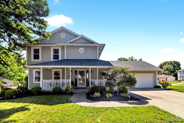 13 Spencers Xing, Saint Peters, MO 63376 - view of front of house with an attached garage, driveway, a front lawn, and covered porch