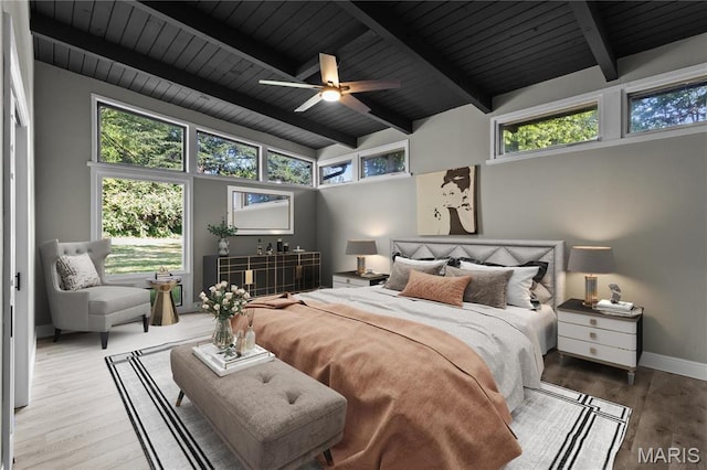 1562 Starlight Dr, Saint Louis, MO 63135 - bedroom featuring multiple windows, wood finished floors, a wood ceiling with exposed beams, and high vaulted ceiling
