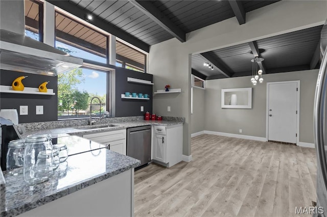 1562 Starlight Dr, Saint Louis, MO 63135 - kitchen with stainless steel dishwasher, open shelves, exhaust hood, a wood ceiling with exposed beams, and white cabinetry