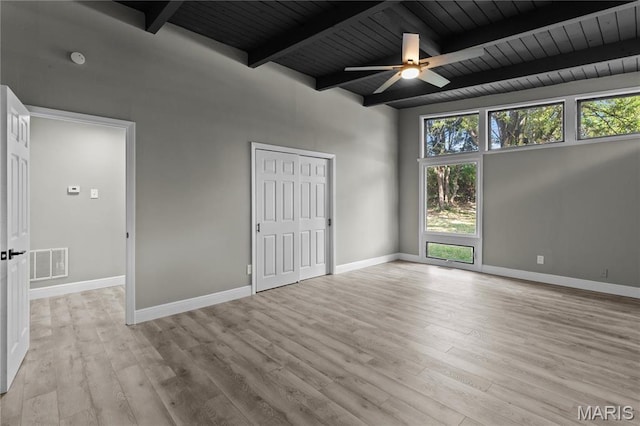 1562 Starlight Dr, Saint Louis, MO 63135 - spare room with light wood-style flooring, a ceiling fan, a wooden ceiling with exposed beams, and a smoke detector