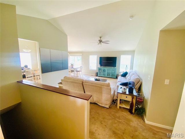 145 Champions Ln, Wentzville, MO 63385 - living area with carpet flooring, ceiling fan, and lofted ceiling