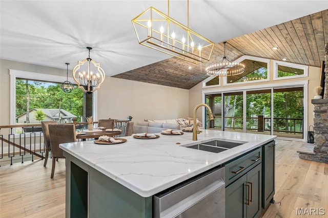10028 Debbie Pl, Bonne Terre, MO 63628 - kitchen featuring a chandelier, stainless steel dishwasher, light wood finished floors, lofted ceiling, and light stone counters