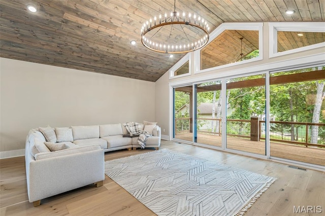 10028 Debbie Pl, Bonne Terre, MO 63628 - living room with wood ceiling, high vaulted ceiling, a chandelier, recessed lighting, and wood finished floors