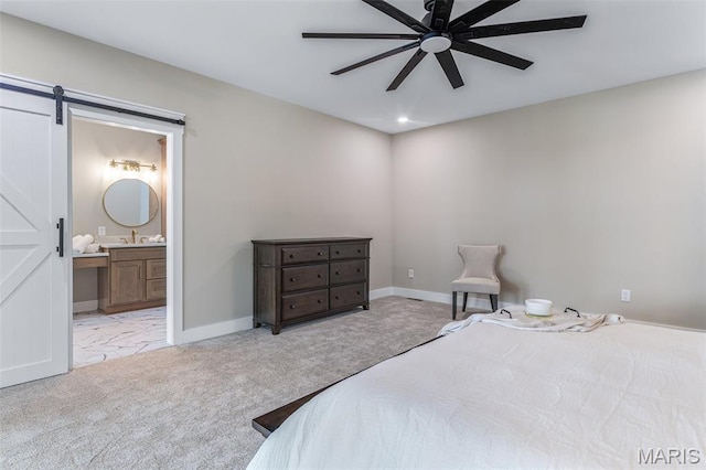 10028 Debbie Pl, Bonne Terre, MO 63628 - bedroom with carpet floors, a barn door, recessed lighting, ensuite bath, and ceiling fan