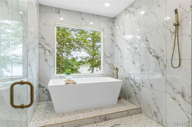10028 Debbie Pl, Bonne Terre, MO 63628 - bathroom with a freestanding tub, healthy amount of natural light, and a marble finish shower