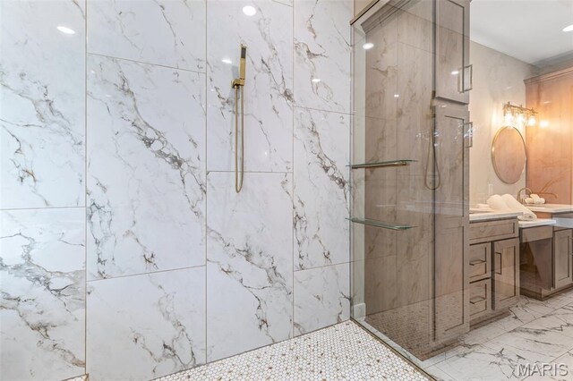 10028 Debbie Pl, Bonne Terre, MO 63628 - full bath featuring a marble finish shower, vanity, and marble finish flooring