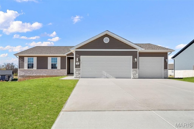 912 Gimli Ln, Wright City, MO 63390 - ranch-style home with a garage, concrete driveway, a front lawn, and stone siding